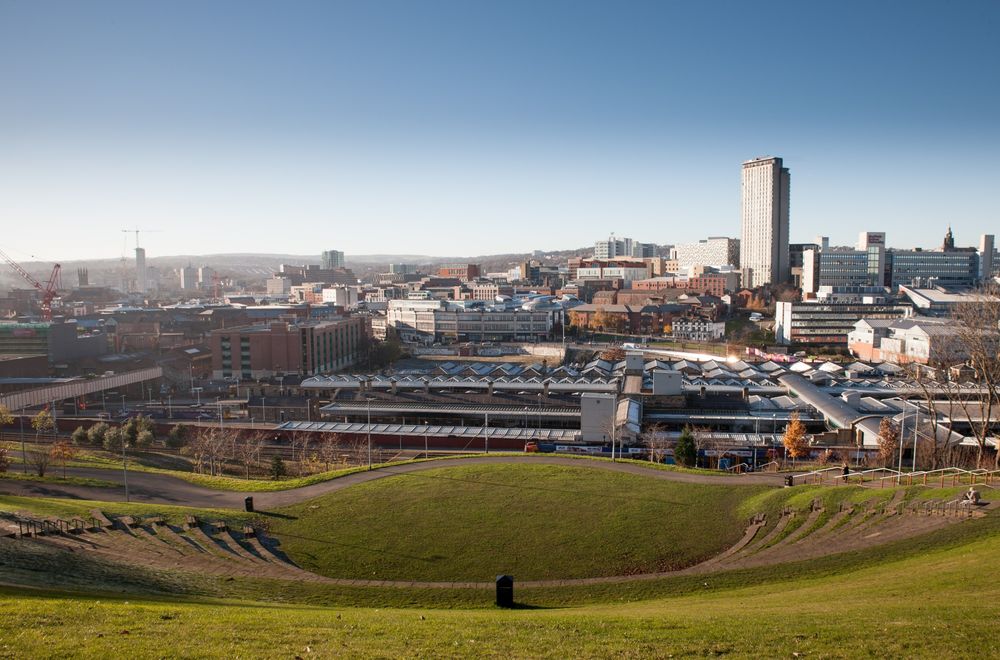 A view over the city from above the amphitheatre behind Sheffield Railway Station.
