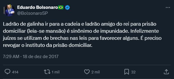 Tweet de Eduardo Bolsonaro em dezembro de 2017: "Ladrão de galinha ir para a cadeia e ladrão amigo do rei para prisão domiciliar (leia-se mansão) é sinônimo de impunidade. Infelizmente juízes se utilizam de brechas nas leis para favorecer alguns. É preciso revogar o instituto da prisão domiciliar."