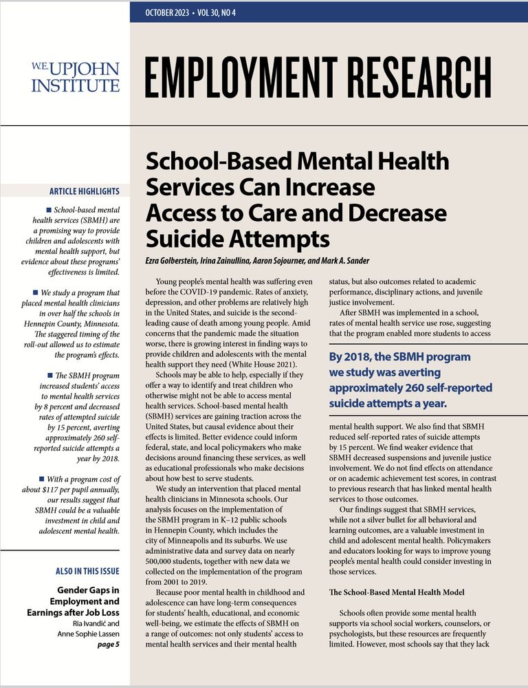 Screen shot of first page of Employment Research newsletter, with article "School-based mental health services can increase access to care and decrease suicide attempts" partially visible