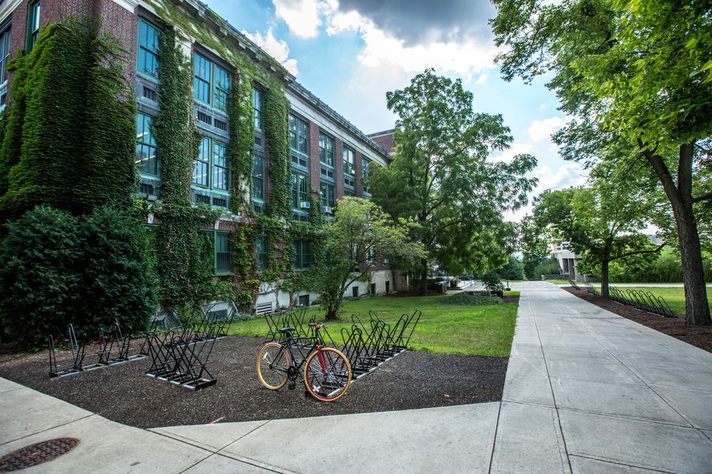 University campus with bike racks, one bike, sidewalks, trees, ivy