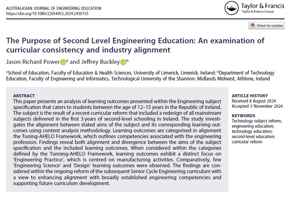 An Abstract of an academic paper considering the purpose of second level engineering education. Can be accessed at https://www.tandfonline.com/doi/full/10.1080/22054952.2024.2430155 or email jason.power@ul.ie for a copy.