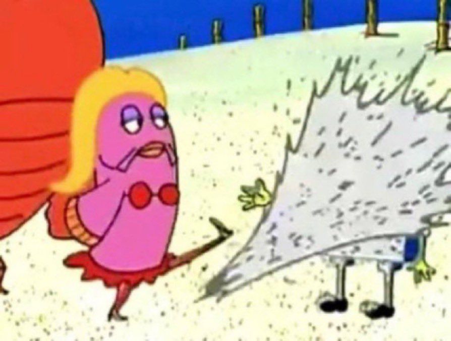 A screenshot from SpongeBob, where a feminine fish kicks sand in SpongeBob’s face. 