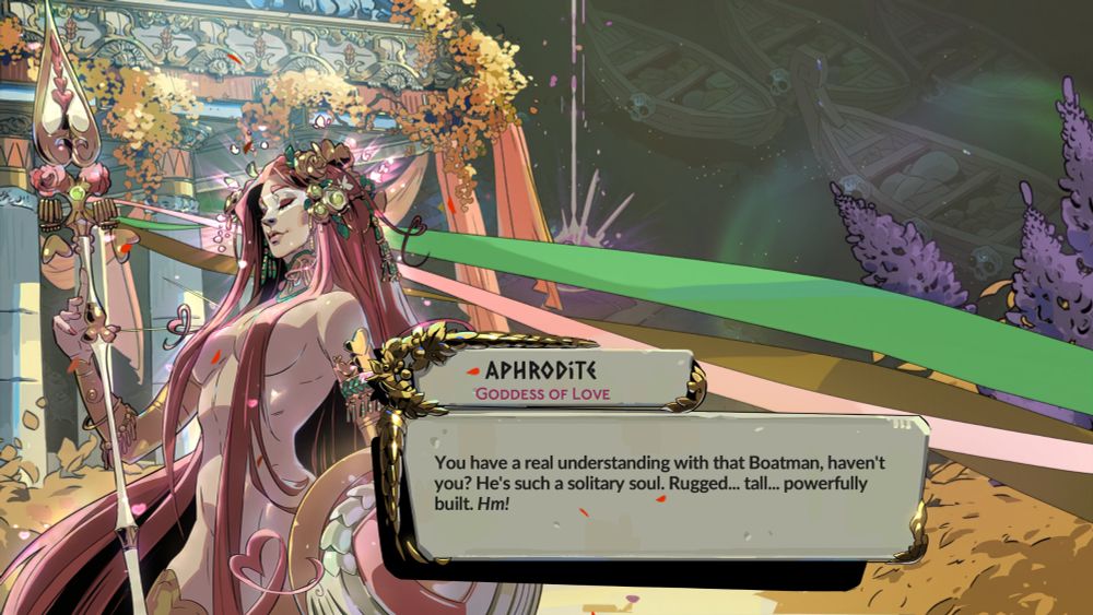 a screenshot from Hades 2 featuring Aphrodite making a comment on the bond between Mel and Charon, in Aphrodite's usual vaguely horny style 