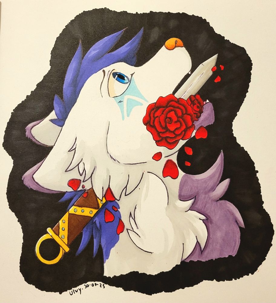 This drawing is a portrait of a white and purple wolf, with a blade puncturing his neck and getting out by his mouth. No blood, only roses flowering on his jaw as he silently scream. Some petals escaped near the blade's guard. The backround is black all around him, like a growing shadow ready to swallow him whole.