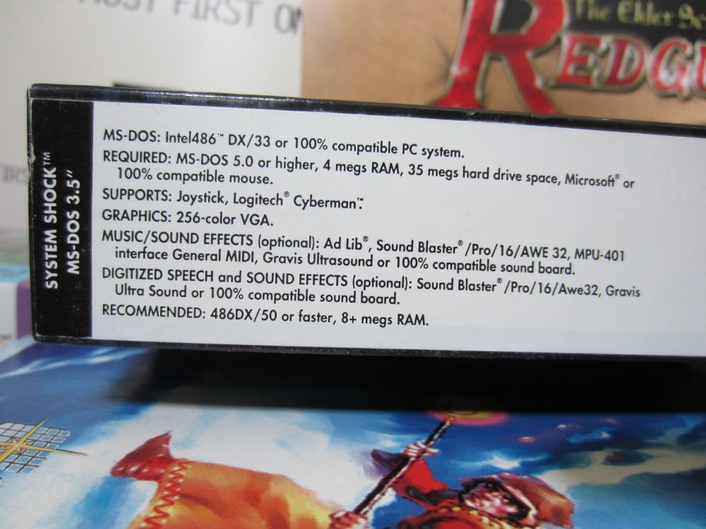 The system requirement label for the game. Among the requirements: MS-DOS, an Intel486 DX/33 or 100% compatible PC system, and 4 megs of RAM.