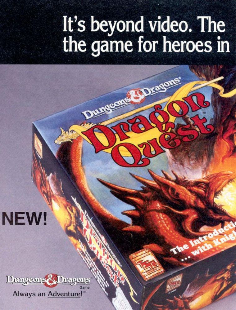 As the motto below the Dungeons & Dragons seal in the lower left notes, "Always an Adventure!"

At the top, the game also notes that it's "beyond video". It's the early 90s and VHS tape decks are everywhere. But with Dragon Quest, players can now experience an adventure of their own without worrying whether or not someone is going to burn the Jiffy Pop.

Box illustration by Jeff Easley