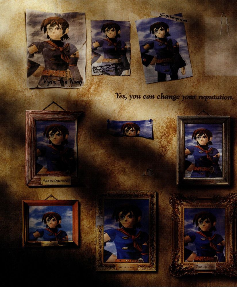 This page shows several portraits of our good-hearted pirate, Vyse, with different titles beneath each one with the words "Yes, you can change your reputation" printed here. 

This hinted at the "Swashbuckler Rating" system in the game that's determined by certain replies in conversations and "brave actions" during the course of the game. As your rating improves, Vyse's title changes to reflect how "trusted" he comes off to everyone else.