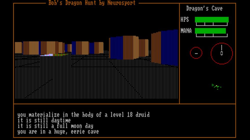 This is the start of a typical game. The main window shows your first-person view. The right panel has a mini-map like feature (the green dots and shapes are solid areas), a compass, and gauges for your hit points and magic points. The lower panel displays dialogue for your actions (and what is attacking you!).