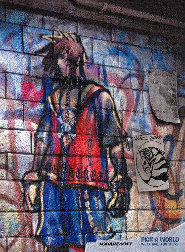 The second page of the ad shows the character, Sion, spray painted on an extension of the graffiti covered wall from the first panel along with a small tiger poster. Sion is one of three "bouncers" that players can choose from at certain points in the story, sometimes revealing new story elements depending on who they fight with in certain scenes.

The Squaresoft logo is in the lower right along with the words "PICK A WORLD. We'll take you there."

The Bouncer was one of the earliest titles on the PS2, especially when it was only a few months old in North America, and there was some excitement over it because it was a Squaresoft published title which carried some cache based on their RPG rep.