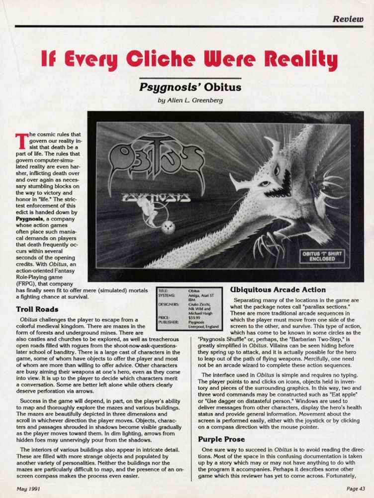 The first page of Allen Greenberg's review for Obitus in CGW's May '91 issue. This is for the PC version of the game.
