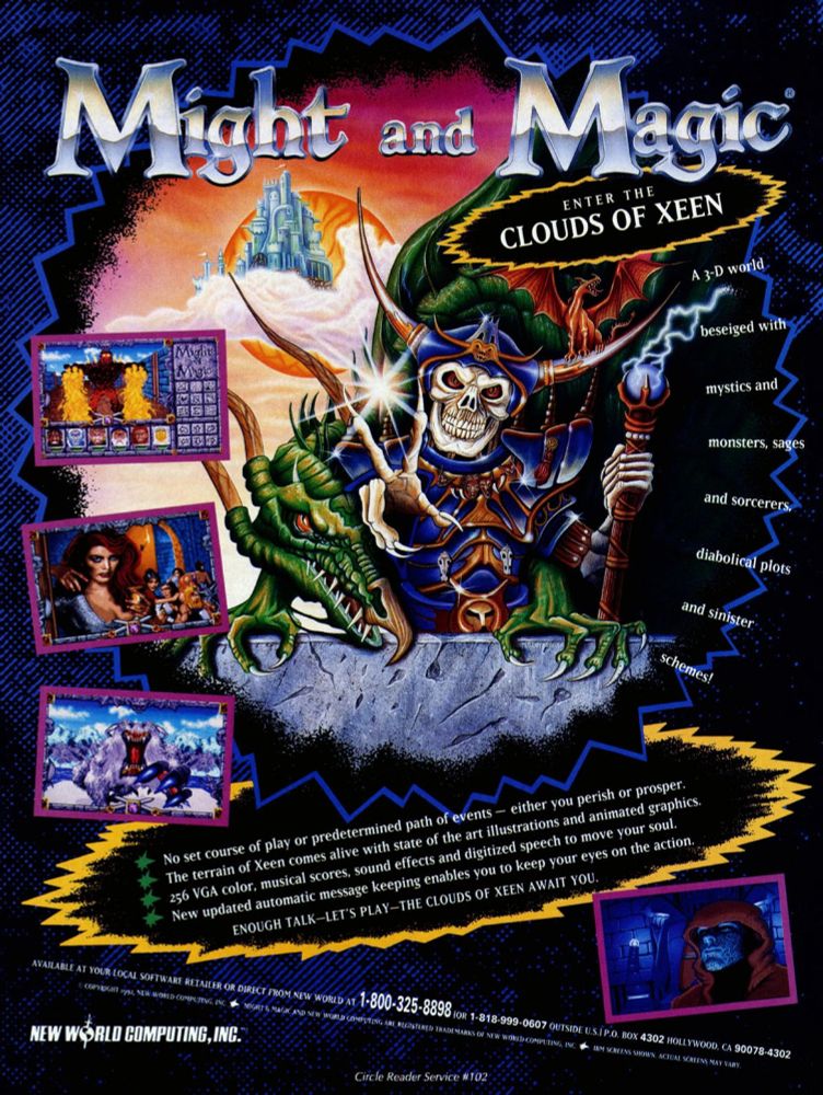 Clouds of Xeen's advertisement described a "3-D world beseiged with mystics and monsters, sages and sorcerers, diabolical plots and sinister schemes" that "comes alive with state of the art illustrations and animated graphics." It also features screenshots of the game (from IBM PCs and that "actual screens may vary"). 

In a neat turn for features, Clouds of Xeen could also be combined with its sequel, Darkside of Xeen, to create a unified world with its own third arc and cinematic ending.