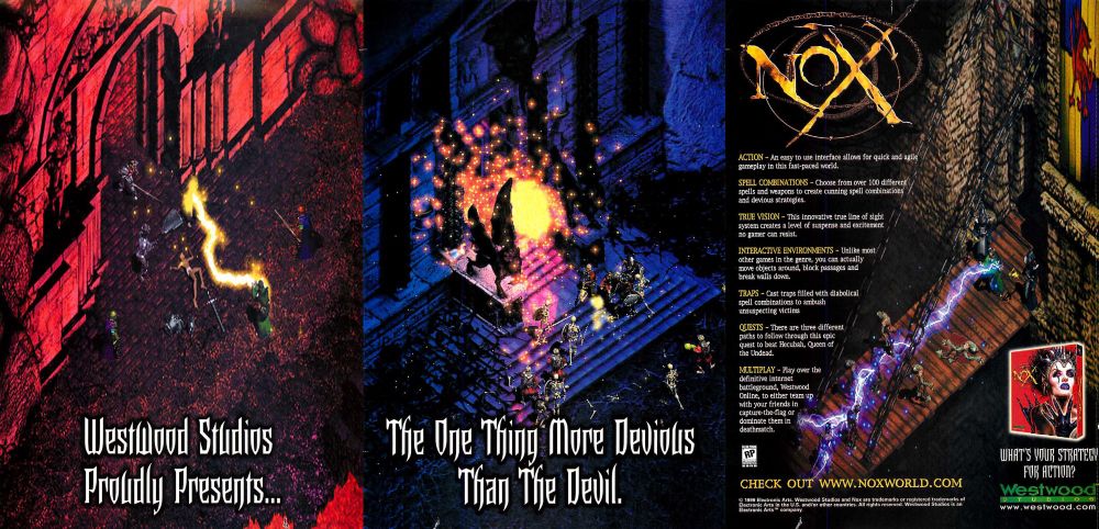 These three pages split up Hecubah's seductively evil layout with screenshots from the game and text describing the action, spell combos, a "True Vision" feature that was a "line of sight system", interactive environments, traps, quests (the characters you choose each have their own endings), and multiplayer.
