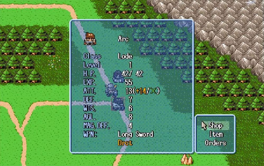 Stats for Arc, the main hero of the game (but not alone!). Here, it shows his class, stats such as level and hit points, and in the lower right, options on what to do in town such as shop (or check items in the group or set orders).