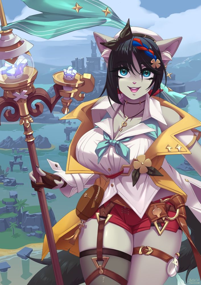Anthropomorphic furry feline cosplaying as Reisalin Stout from the Atelier Ryza game series.
