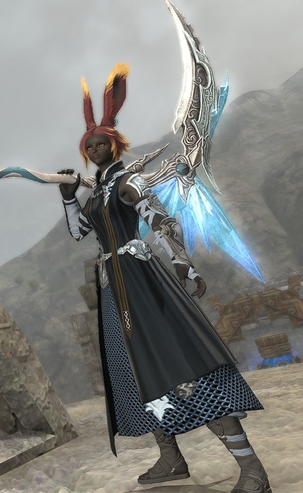 A dark-skinned and red-haired Viera from Final Fantasy 14, wearing light blue and black armor and carrying a huge blue and white scythe over her shoulder.