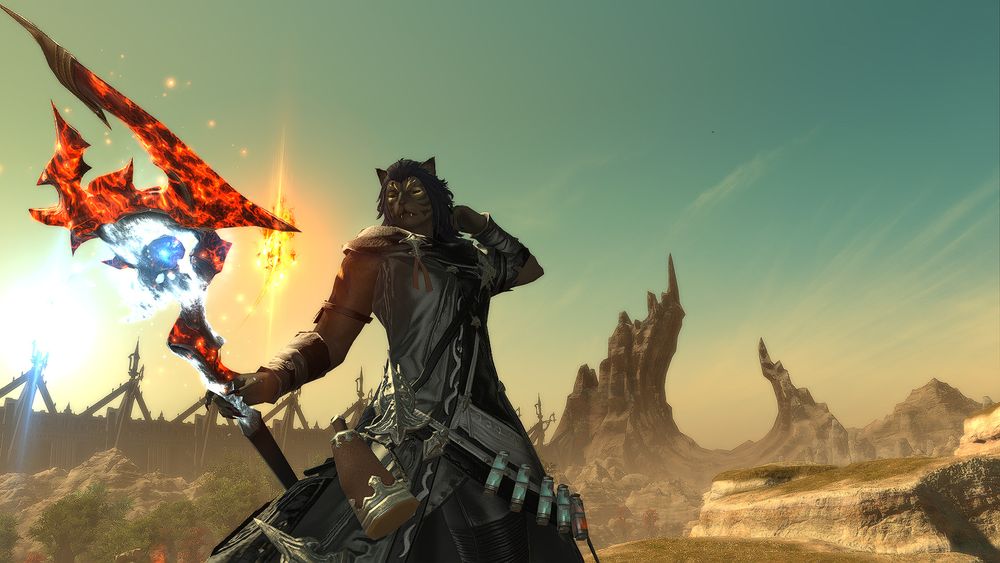 A lady Hrothgar black mage with dark skin, black hair, and golden stripes to her fur stand in an arid mountainous region, one hand flipping her short hair back while the other holds a staff of elemental ice and fire.