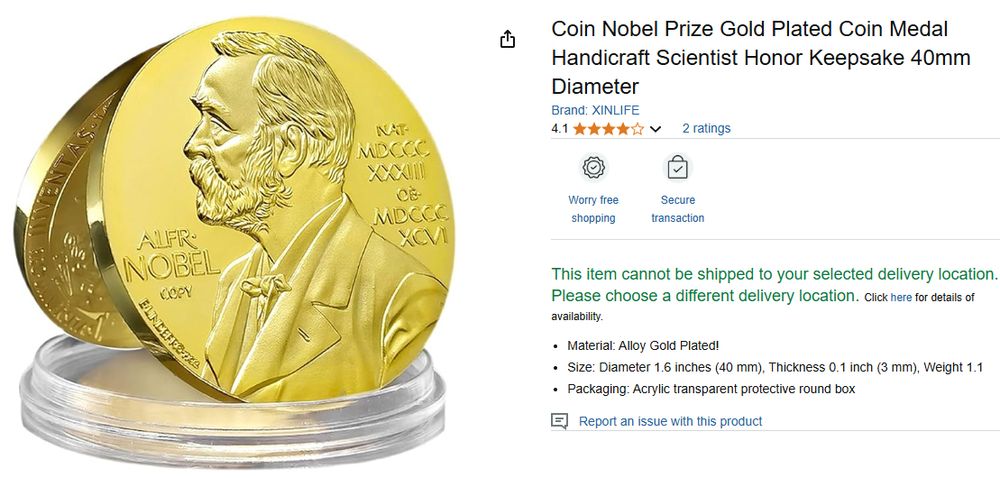 An Amazon.co.jp listing with a Gold plated gigantic coin with Alfred Nobel on it
