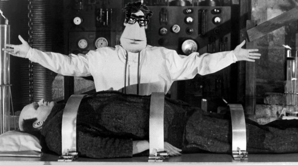 The Newsman body building in Young Frankenstein. 