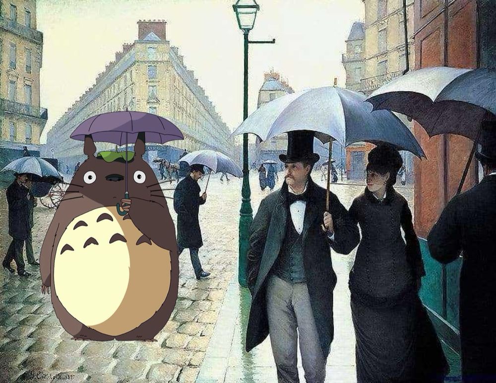 Totoro in Paris Street: Rainy Day by Gustave Caillebotte.