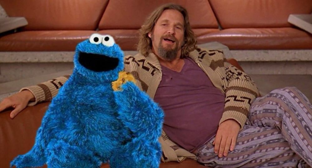 The Cookie Monster possibly high af hanging out in the big Lebowski.
