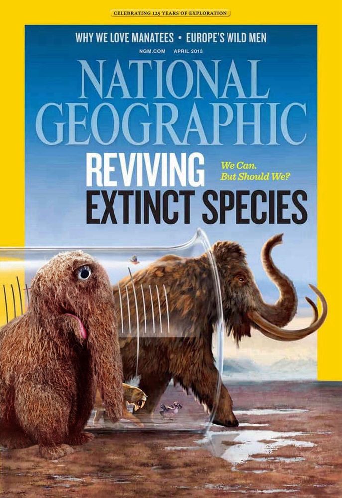 Snuffleupagus hanging out with woolly mammoths on the cover of National Geographic. 