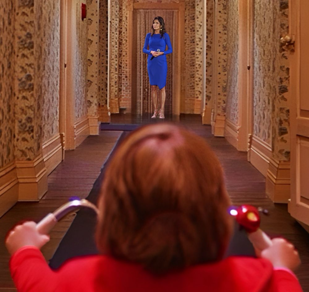 The hallway scene from the shining featuring Kristi Noem. 