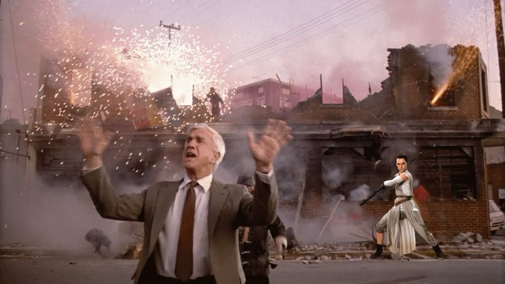 Rey is ready for action in The Naked Gun even if there is nothing to see here. 