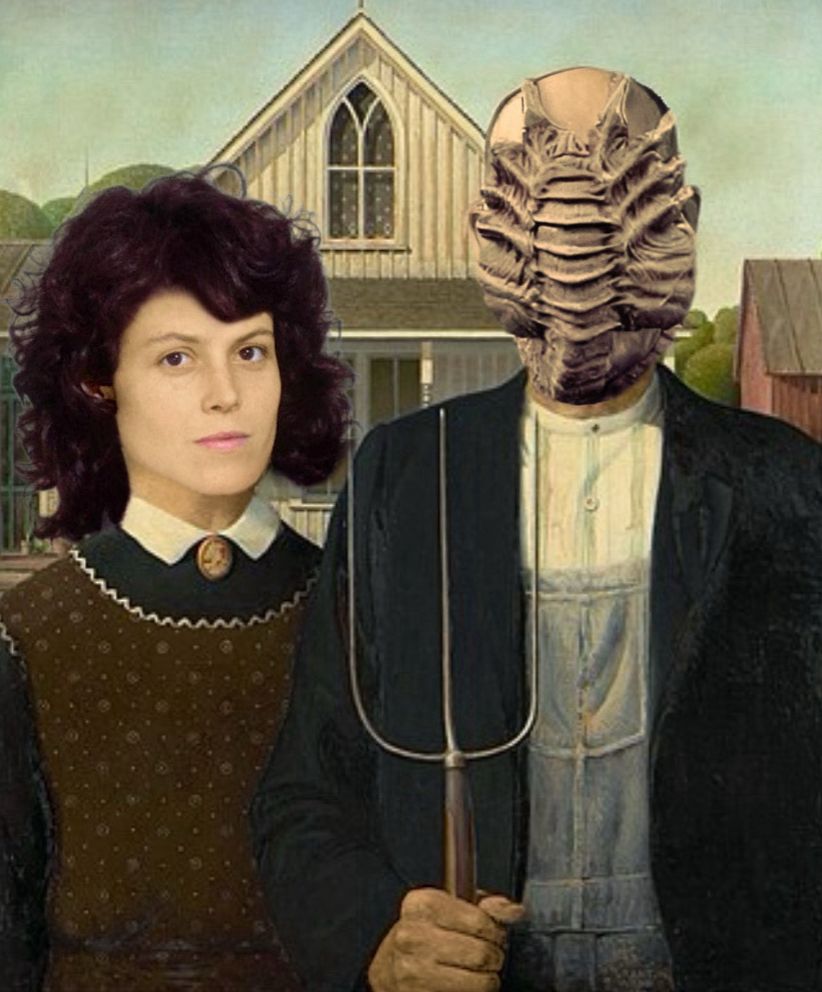 Ellen Ripley and Facehugger in American Gothic by Grant Wood. 