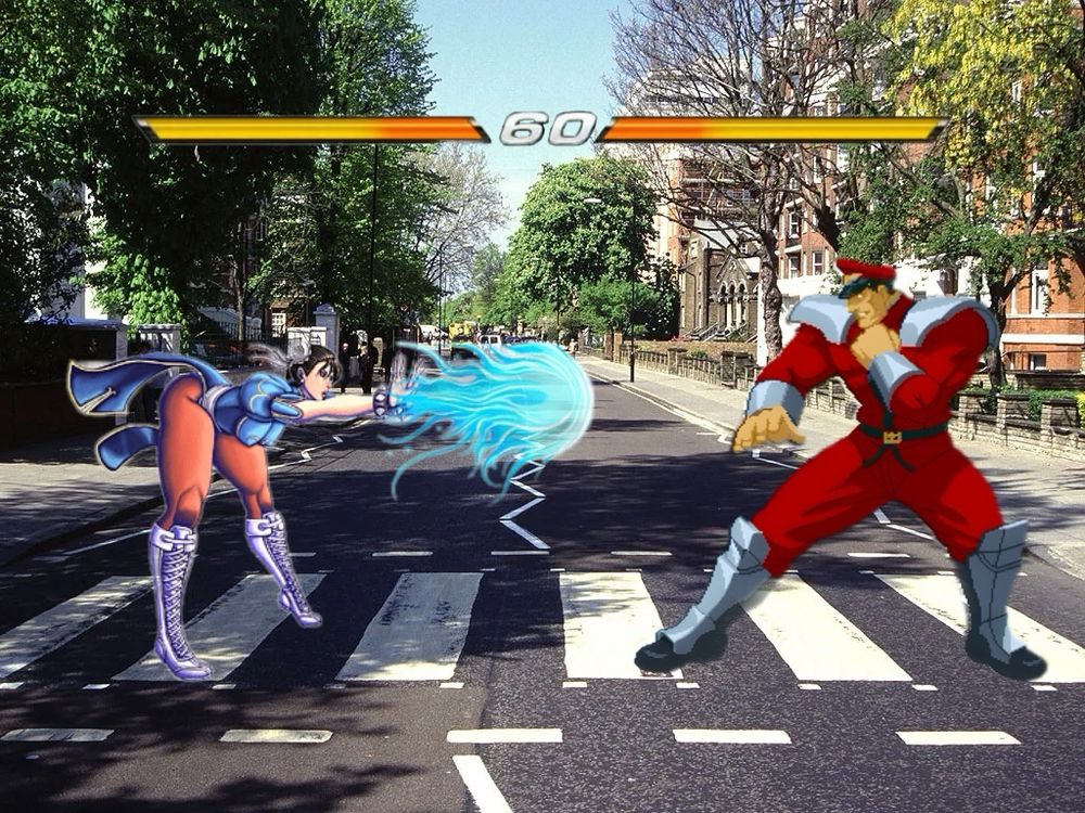 Chun-Li and M. Bison fighting on Abbey Road crossing in London.