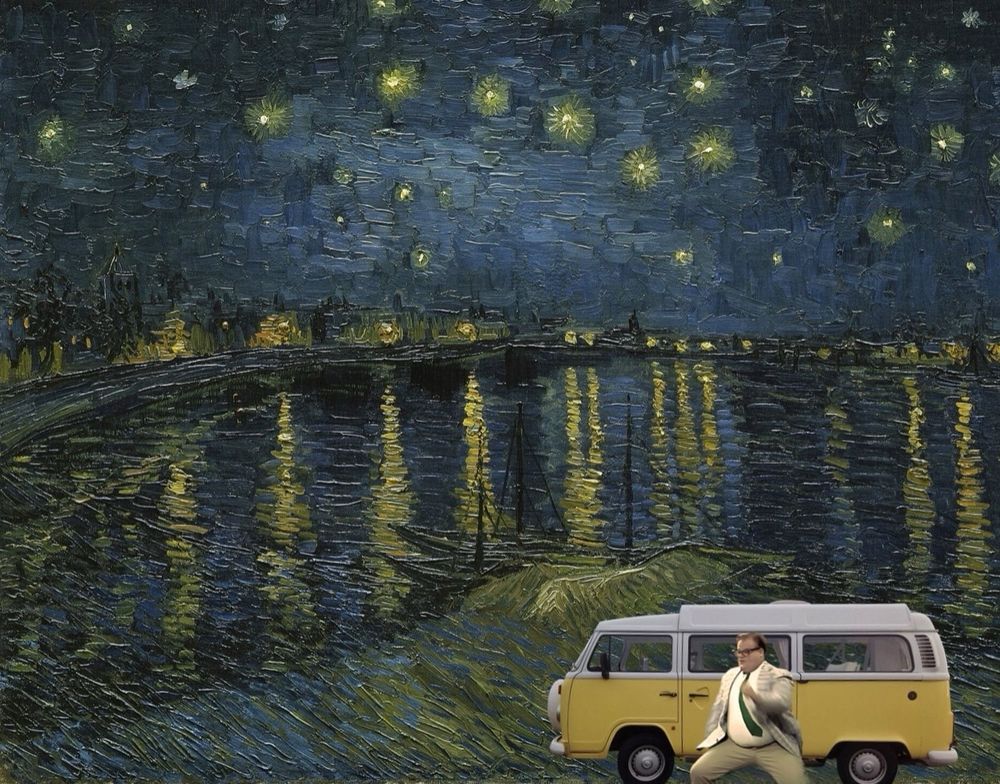 Matt Foley and a Van Down By the River in Starry Night Over the Rhône by Vincent Van Gogh.