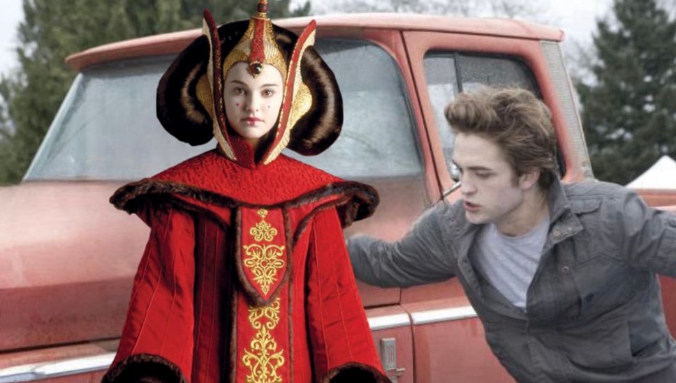 Princess Amidala looks like she’s in disbelief that the sparkly bitch Edward Cullen is saving her. 