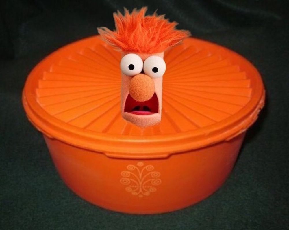 Beaker’s head photoshopped onto a piece of orange tupperware. 