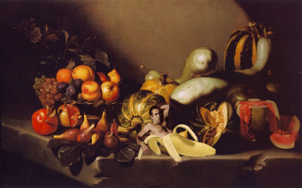Nicolas Cage in Still Life with Fruit on a Stone Ledge by Caravaggio.