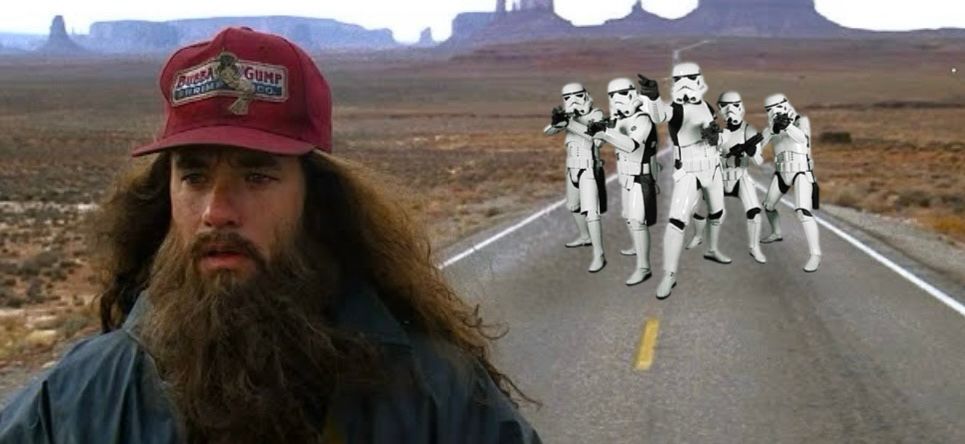 Stormtroopers chasing Forrest Gump is a fever dream. 