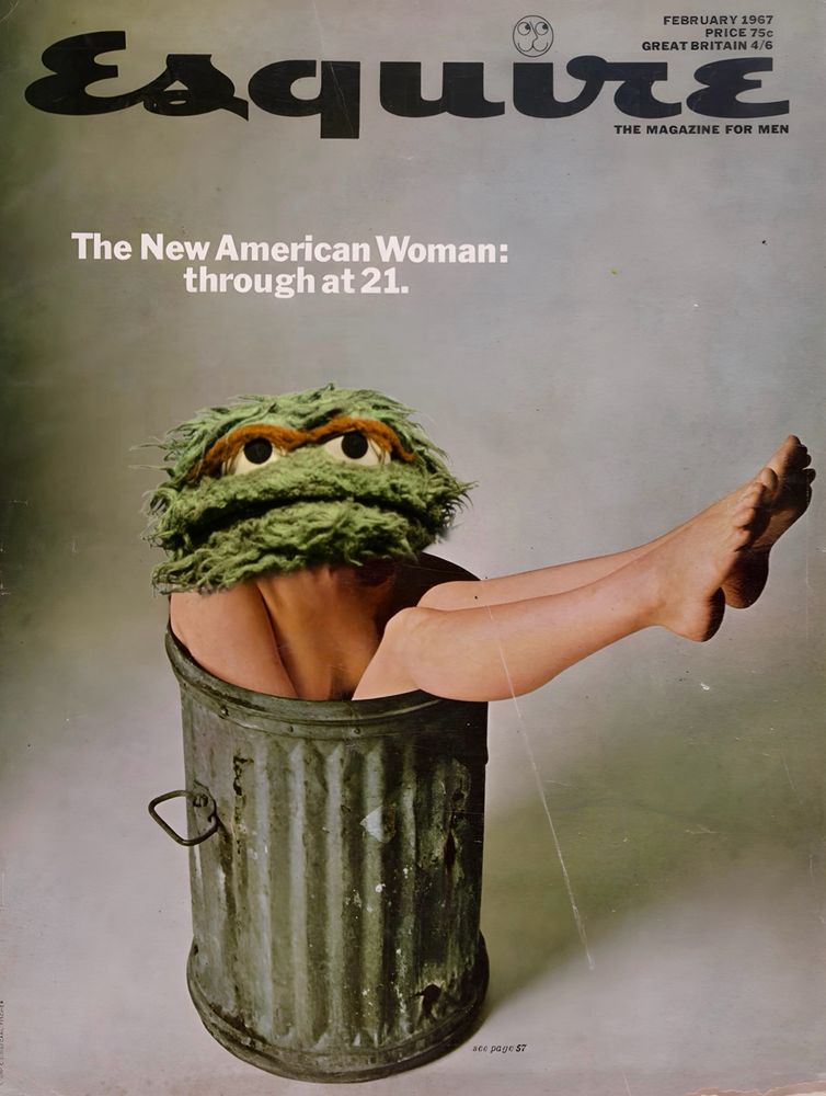 Oscar the Grouch as model/actress Susan Bottomly on the cover of Esquire Magazine. 