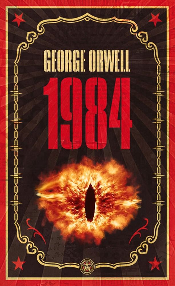 The cover of 1984 by George Orwell where I photoshopped the eye of Sauron from lord of the rings by jrr Tolkien.