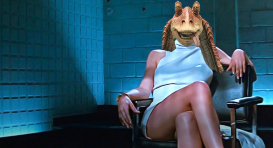 I am so sorry for putting Jar Jar Binks in this particular scene from Basic Instinct. 