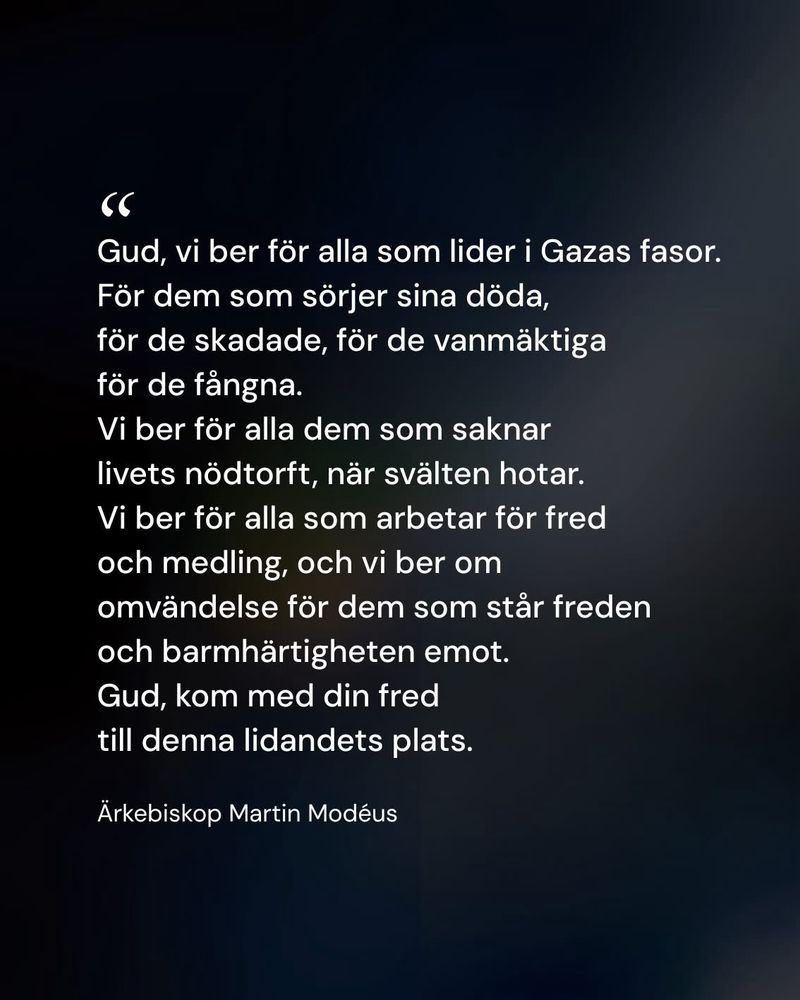En bön av ärkebiskop Martin Modéus:
”Gud, vi ber för alla som lider i Gazas fasor. 
För dem som sörjer sina döda, för de skadade, 
för de vanmäktiga, för de fångna. 
Vi ber för alla dem som saknar livets 
nödtorft, när svälten hotar. 
Vi ber för alla som arbetar för fred och medling, 
och vi ber om omvändelse för dem som står 
freden och barmhärtigheten emot.
Gud, kom med din fred 
till denna lidandets plats.”