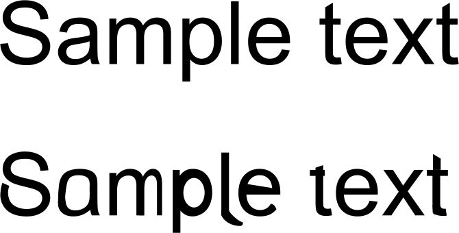 Two lines of text, both of which say "Sample text". The top one is clear, written in the font Arial; the bottom one has been modified. The bottom curve on the S is longer, the bar in the middle of the A is removed and the top flange part is a loop, the second hump on the M is squished, the hole on the P is smaller and offset, the L has a curved flange on the bottom, the E in "sample"'s hole is smaller and the bottom of it is angled slightly, the first T in "text" has a shorter top-bar and left-side bar, and the second T in "text" has a more angular bottom curve and a flipper top bar.