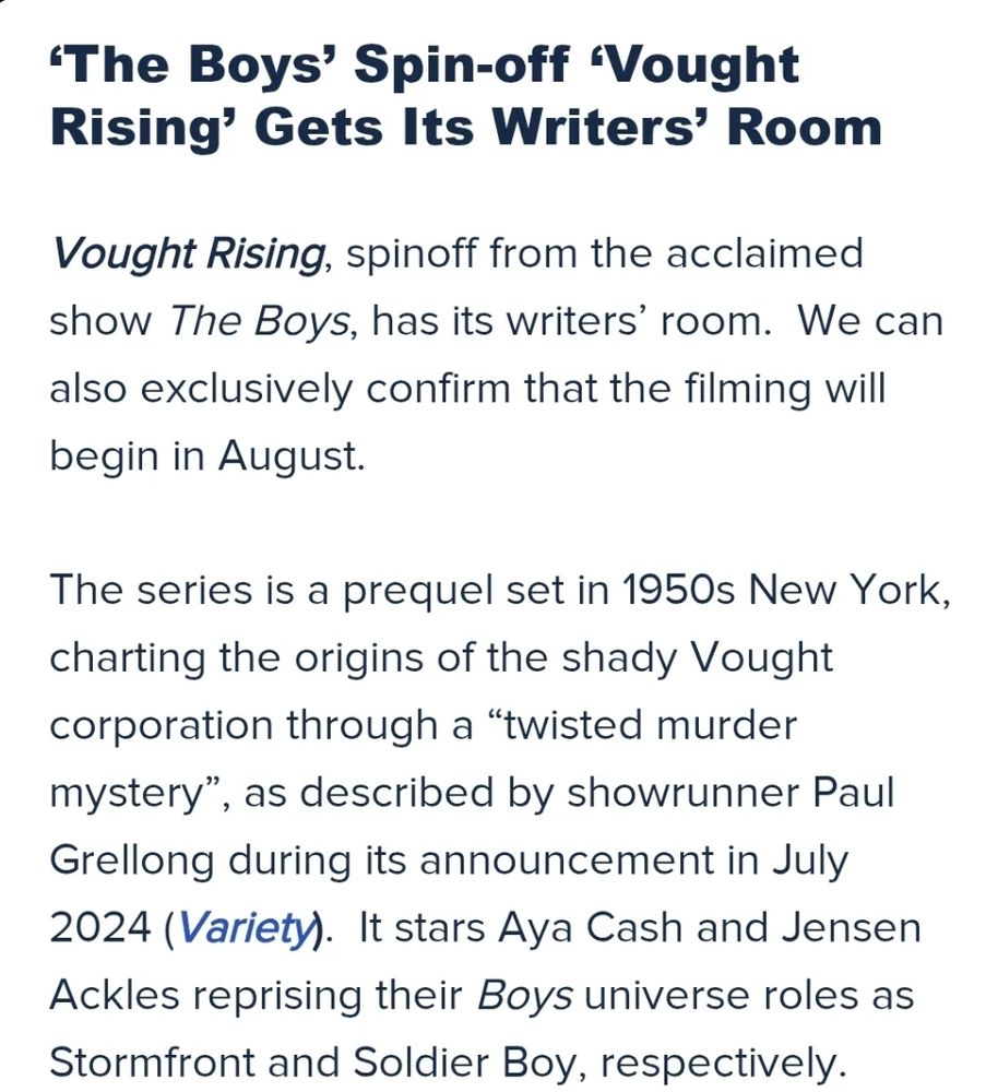 text about the boys spin off Vought Rising filming in August 