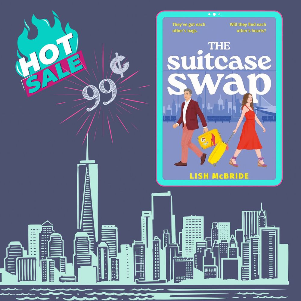 A book with an older couple in an airport  with the title The Suitcase Swap. An outline of a city is behind it.