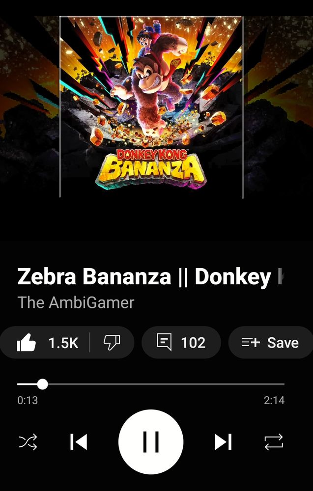 Screenshot of YouTube Music playing The Zebra Bananza theme from Donkey Kong Bananza