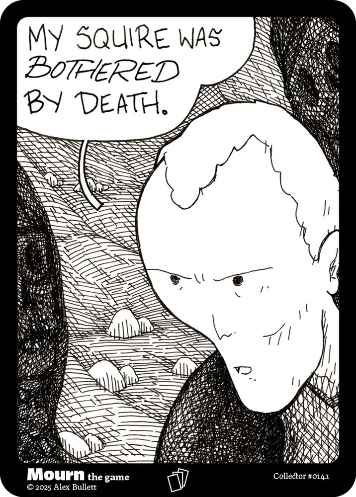Panel 1: The knight looks serious, "My squire was BOTHERED by death."