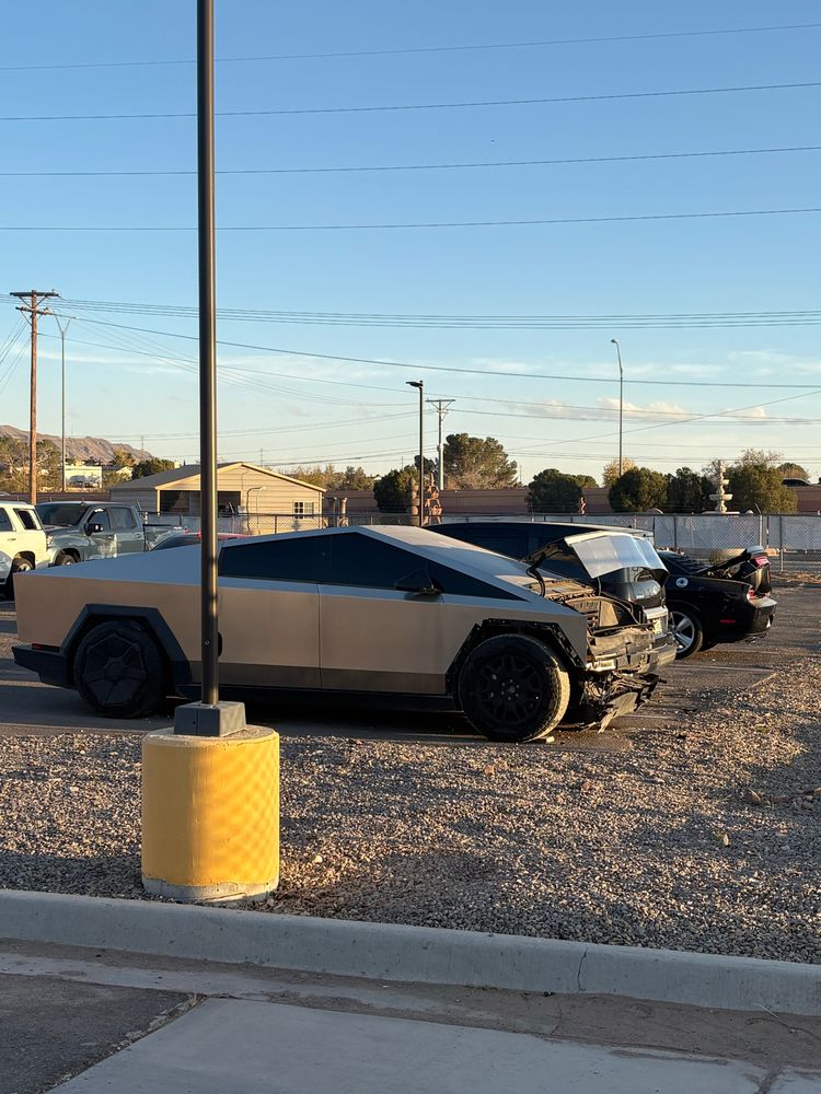 A cybertruck that just got its shit rocked 