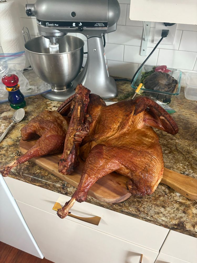 A spatchcocked turkey on a counter