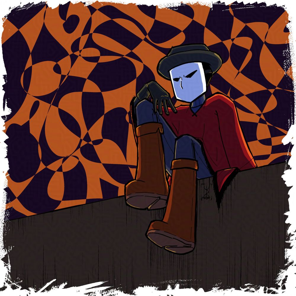A character in a white mask and red poncho is sitting on a wall in front of an abstract orange and dark purple background