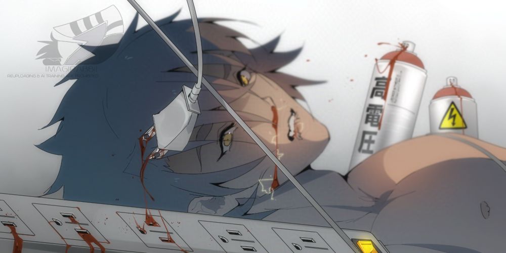 In the foreground lies a power strip and a cord. Blood is leaking from its outlets. A plug is yanked bloodily from one of these outlets by an offscreen force. In the middleground is a man with black hair. His nose and lip are bleeding. Static is coming from the the blood. In the background are two spray cans. Blood is spewing from each nozzle. The nozzles look like wall outlets. 