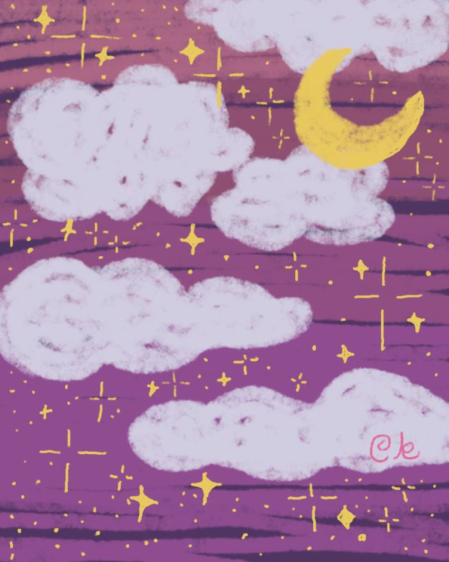 rough digital doodle of a purple night sky that fades into pink. White fluffy clouds and a cartoonish crescent moon. Bright yellow stars in various shapes and sizes.
