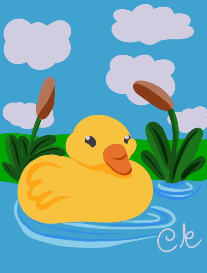 Blob art of a yellow duck swimming in a blue lake under a blue sky, with white fluffy clouds. I made an attempt to add cattails... #art #digitalart #duck