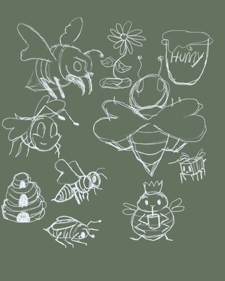 White sketches on a dark green background. lots of bees in different styles, from semi realistic to super cartoony, and one #minecraft bee. Also a cartoon hive, a 'hunny' pot, and a flower. #doodle  